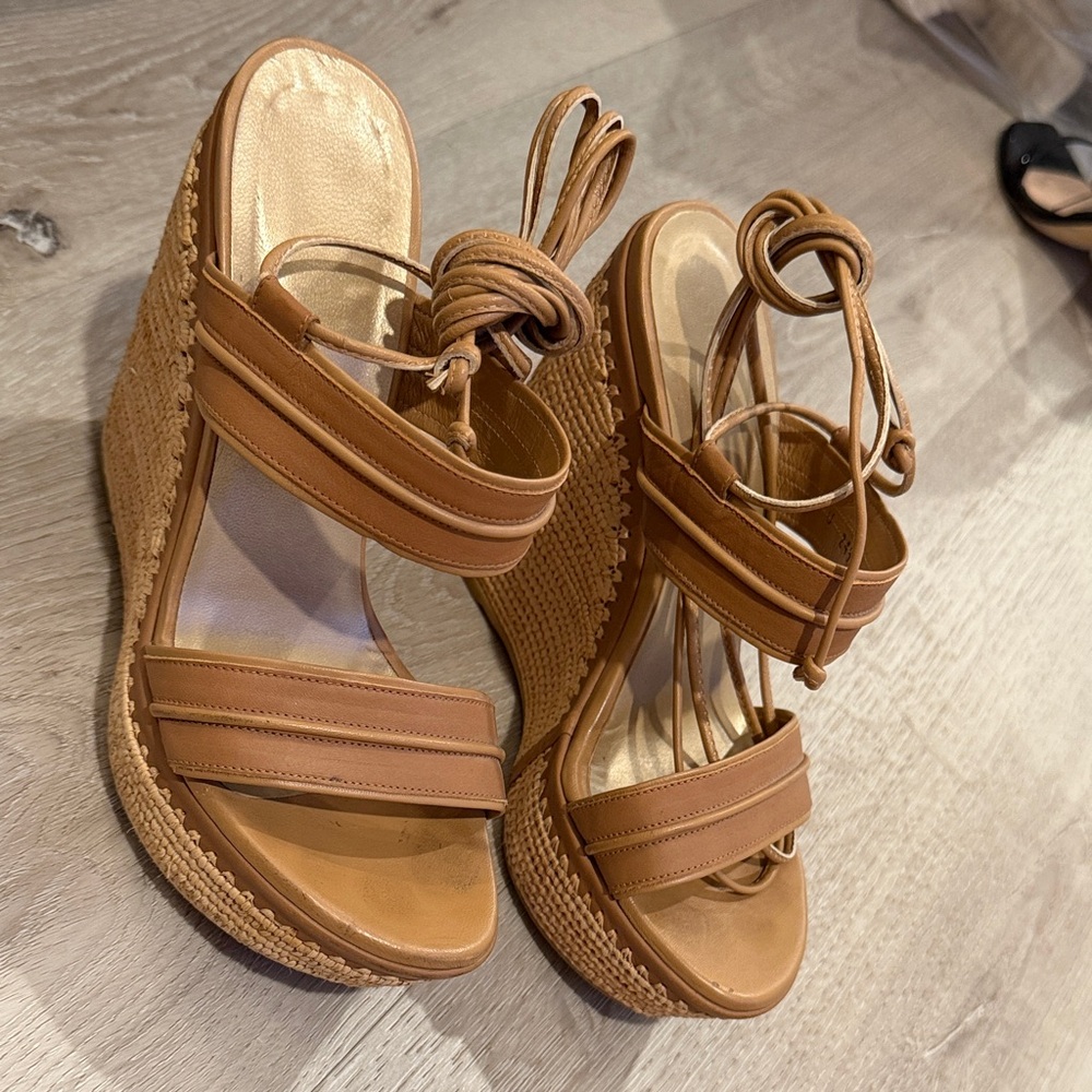 Stuart Weitzman Tan Espadrille Wedge Sandals with Ankle Wrap